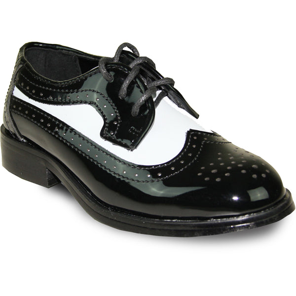 VANGELO Boy  Dress Shoe TAB-3KID Oxford Formal Tuxedo for Prom & Wedding Black/White Patent Two Tone